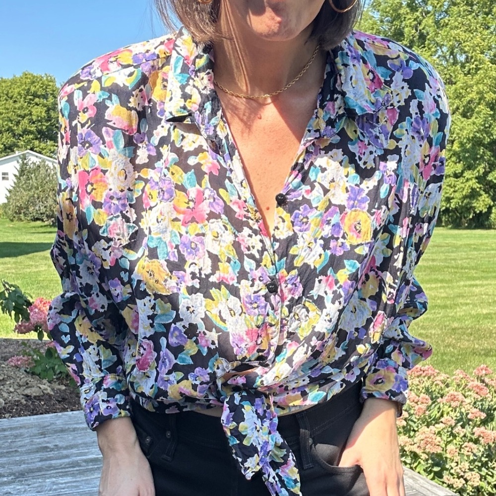 Vintage Floral Rayon Button Down Shirt Colorful Flowers Blouse Top Oversized XL